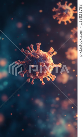 Close-up of monkeypox virus particle in a dark, glowing atmosphere. Viral infection and contagious disease concept. 118821788