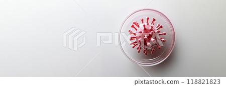 Horizontal image of a petri dish with a virus model, representing research and scientific testing for viral outbreaks 118821823