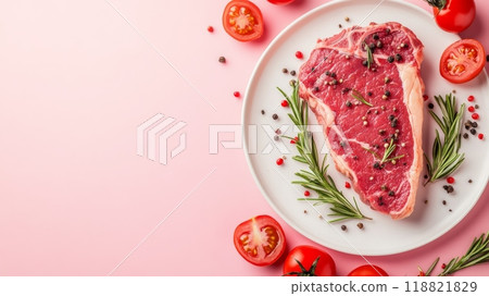 Fresh raw steak garnished with rosemary and peppercorns on a white plate with tomatoes, against a pink background. Ideal for keto and carnivore meals. 118821829