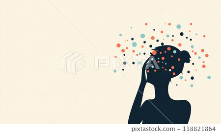 Silhouette of a woman with her head in her hands and abstract virus particles surrounding her head, symbolizing the mental health impact of viral outbreaks. 118821864