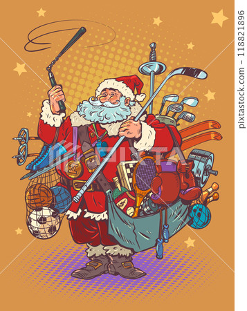 Santa Claus with sports equipment. New Year and Christmas gifts for fitness. Sale of goods and services for athletes on the holiday. 118821896
