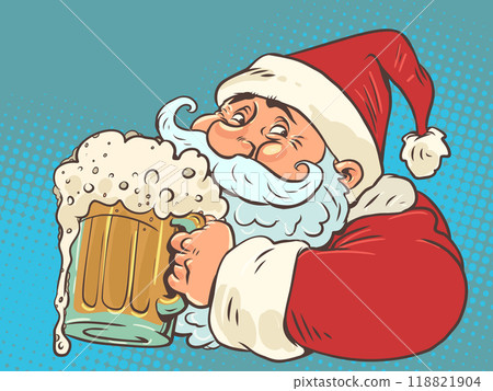 Santa Claus holding a glass of foamy ale. Coming New Year in bars and restaurants. Delivery of delicious for Christmas and holidays. Santa Claus holding a glass of foamy ale. Coming New Year in bars and restaurants. Delivery of delicious for Christmas and holidays. 118821904