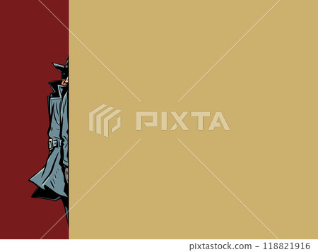 The male detective is hiding. The spy is watching the target. The scammer is somewhere nearby. The male detective is hiding. The spy is watching the target. The scammer is somewhere nearby. 118821916