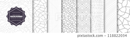 Collection of vector seamless geometric creative patterns. Grid paper textures. White and gray minimalistic striped outline backgrounds Collection of vector seamless geometric creative patterns. Grid paper textures. White and gray minimalistic striped outline backgrounds 118822034