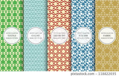 Set of bright seamless colorful patterns with geometric shapes. Retro textured backgrounds. Festive vibrant prints 118822035