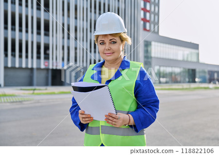 Confident mature female engineer developer inspector at construction site 118822106