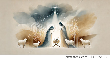 Watercolor painting representing Nativity scene in Bethlehem. Christmas scene illustration showing holy family baby Jesus in the manger Joseph and Mary. Banner. Copy space 118822162