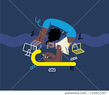 Creative workspace, modern flat vector concept illustration of a woman working standing in asana with a phone Remote work, flexibility, independence, efficiency, mobility, synergy, freedom 118822307