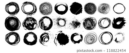 Watercolor circle texture brush strokes set hand draw style black color isolated on white background for painting, logo, emblem, label. Hand made grunge stripes circle. Not AI, Vector 118822454