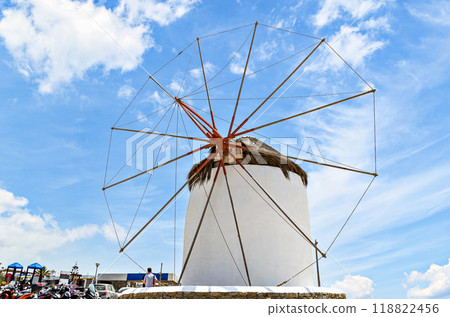 Windmills on the island of Mykonos, in the Cyclades archipelago, Aegean sea, Greece 118822456