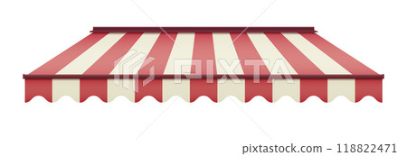 Striped awning for cafe. Striped shop canopy. Store or cafe sunshade awning. 118822471