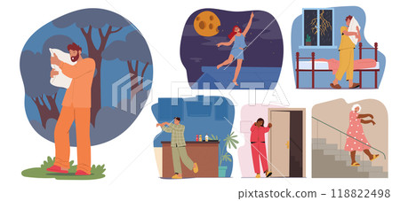 Various Male or Female Character Sleepwalking in Different Situations and Environments Depicting Somnambulism Activities 118822498