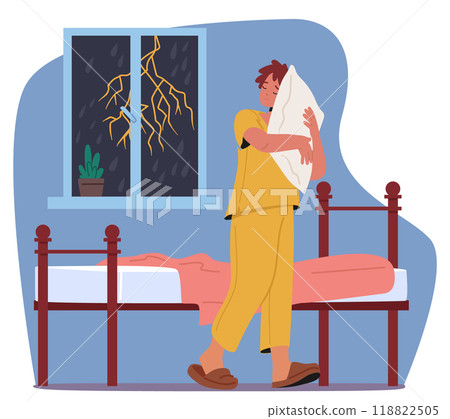 Sleepwalker Wanders In A Bedroom Holding A Pillow While A Thunderstorm Rages Outside The Window. Concept Of Sleepwalking Sleepwalker Wanders In A Bedroom Holding A Pillow While A Thunderstorm Rages Outside The Window. Concept Of Sleepwalking 118822505