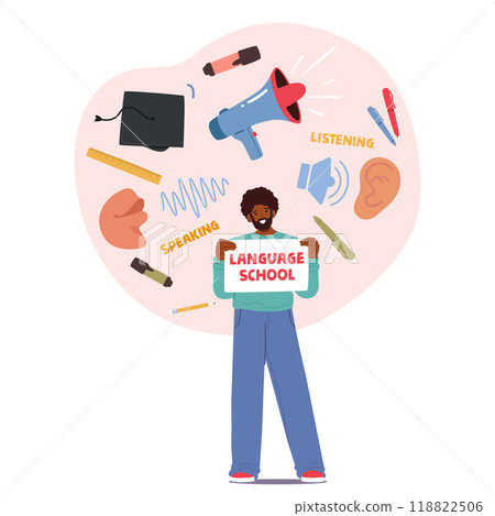 Language School Theme With A Person Holding A Language School Sign Surrounded By Various Symbols Of Communication Language School Theme With A Person Holding A Language School Sign Surrounded By Various Symbols Of Communication 118822506