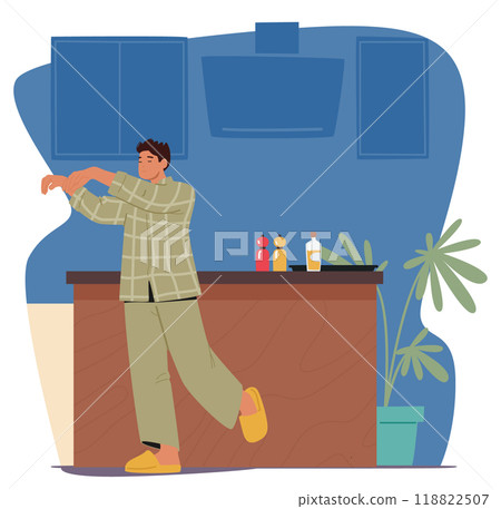Man Sleepwalking In A Cozy Home Interior. Male Character Dressed In Comfortable Pajamas And Slippers Man Sleepwalking In A Cozy Home Interior. Male Character Dressed In Comfortable Pajamas And Slippers 118822507