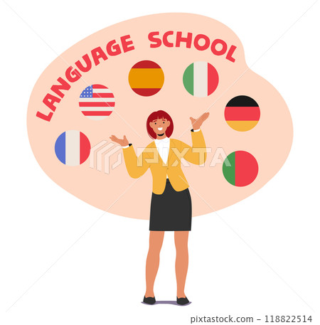 Language School Featuring Smiling Woman Character With Flags From Various Countries Including The USA Germany Language School Featuring Smiling Woman Character With Flags From Various Countries Including The USA Germany 118822514