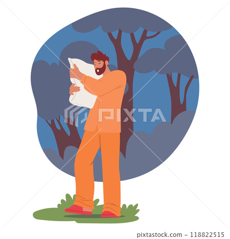 Cartoon Man Character Wears Pajamas Sleepwalking While Holding A Pillow In A Forest Environment 118822515