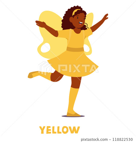 Cheerful Young Girl Dressed as a Yellow Fairy with Large Wings Expressing Joy and Happiness, Representing Color Yellow Cheerful Young Girl Dressed as a Yellow Fairy with Large Wings Expressing Joy and Happiness, Representing Color Yellow 118822530