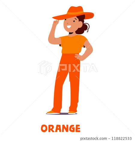 Happy Child Wearing Bright Orange Clothes And Hat Exudes Cheerfulness And Confidence, Standing With A Hand On The Hip 118822533