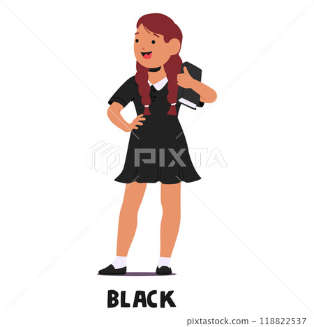 Cartoon Schoolgirl Standing Confidently In Black Uniform Holding A Book. Colorful Vector Illustration For Education 118822537