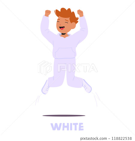 Happy Child Dressed Entirely In White Is Captured Mid-jump With Arms Raised In Excitement, Representing The Color White Happy Child Dressed Entirely In White Is Captured Mid-jump With Arms Raised In Excitement, Representing The Color White 118822538