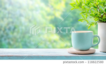 Morning coffee beside a potted plant in a serene outdoor setting 118822580