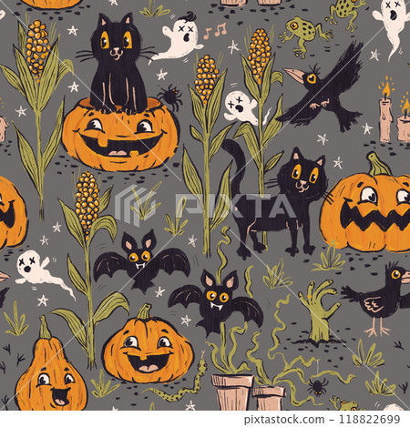 Funny Halloween vintage pattern in retro cartoon style. Cute black cats, pumpkins and bats for Halloween party. Funny Halloween vintage pattern in retro cartoon style. Cute black cats, pumpkins and bats for Halloween party. 118822699