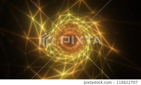 A glowing golden wireframe tunnel spiraling towards a bright center, creating a mesmerizing abstract design for technology, sci-fi, and digital themes 118822707