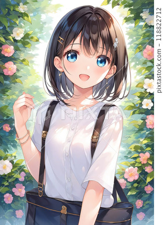 一個帶著可愛微笑的女孩站在花朵背景下的插圖 118822712