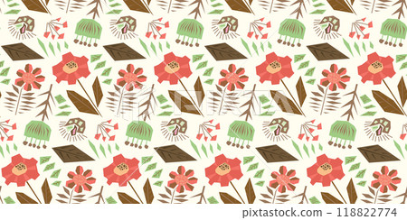 Abstract mosaic floral seamless pattern with flat geometric puzzle tile flowers in scandinavian style. Bright green and red summer botanical print for textile, wrapping paper, print design, surface Abstract mosaic floral seamless pattern with flat geometric puzzle tile flowers in scandinavian style. Bright green and red summer botanical print for textile, wrapping paper, print design, surface 118822774