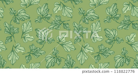 Tender green floral seamless pattern with hand drawn textured columbine leaves. Delicate olive color aquilegia leaf botanical print for textile design, wrapping paper, surface, wallpaper 118822776