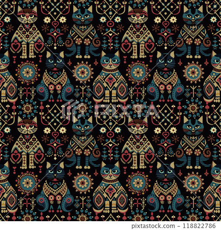 golden cats with ornaments on a black background. seamless pattern 118822786