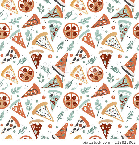 pizza surrounded by condiments on a white background.seamless pattern 118822802