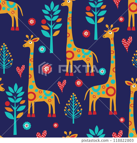 bright giraffes on a background of floral patterns. seamless pattern bright giraffes on a background of floral patterns. seamless pattern 118822803