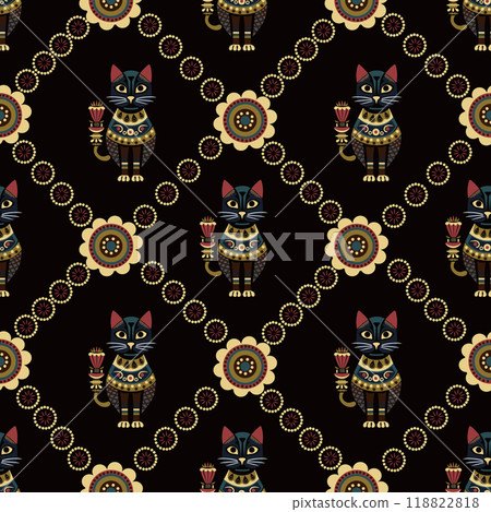 funny bright cats in an ornament on a dark background. seamless pattern funny bright cats in an ornament on a dark background. seamless pattern 118822818
