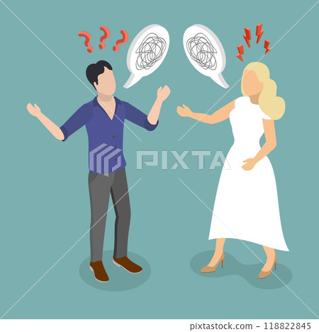 3D Isometric Flat Vector Illustration of Misunderstanding In Relationships, Miscommunication Leading to Conflict Between Partners 118822845