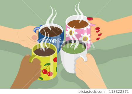 3D Isometric Flat Vector Illustration of Leisure Weekend, Enjoying Hot Drinks Together on Chilly Winter Evening 118822871