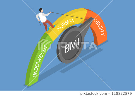 3D Isometric Flat Vector Illustration of Body Mass Index Calculator, Overweight Man Lowers Indicator Arrow 3D Isometric Flat Vector Illustration of Body Mass Index Calculator, Overweight Man Lowers Indicator Arrow 118822879