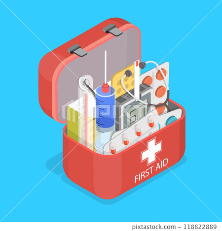 3D Isometric Flat Vector Illustration of First Aid, Emergency Medical Kit For Safety 3D Isometric Flat Vector Illustration of First Aid, Emergency Medical Kit For Safety 118822889
