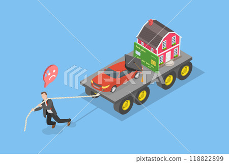 3D Isometric Flat Vector Illustration of Cost Of Living, Exhausted Businessman Managing Financial Burdens of Mortgage, Car Payment, Education Loan, and Credit Card 118822899