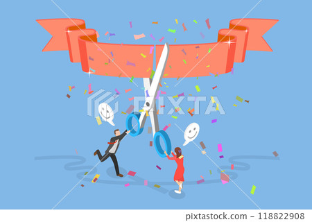 3D Isometric Flat Vector Illustration of Start New Business, Businesspeople Cuting Ribbon to Celebrate Launching of a New Company 3D Isometric Flat Vector Illustration of Start New Business, Businesspeople Cuting Ribbon to Celebrate Launching of a New Company 118822908