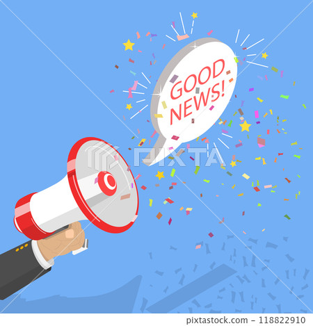 3D Isometric Flat Vector Illustration of Good News, Hand Holding Megaphone with Information Alert 118822910