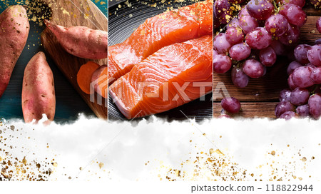 地瓜、鮭魚、葡萄等秋季時令食材的形像素材 118822944