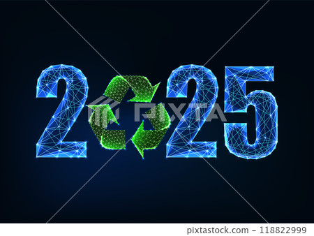 2025 New Year concept with glowing recycle symbol on dark blue background. Eco-friendly design 118822999