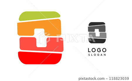 Bright colorful letter O, layers blocks like sandwich, stone balancing or rock stacking. Modern cartoon monogram for kid joyful book, blocky toys logo. Vector illustration Bright colorful letter O, layers blocks like sandwich, stone balancing or rock stacking. Modern cartoon monogram for kid joyful book, blocky toys logo. Vector illustration 118823039
