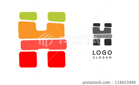 Bright colorful letter H, layers blocks like sandwich, stone balancing or rock stacking. Modern cartoon monogram for kid joyful book, blocky toys logo. Vector illustration Bright colorful letter H, layers blocks like sandwich, stone balancing or rock stacking. Modern cartoon monogram for kid joyful book, blocky toys logo. Vector illustration 118823040