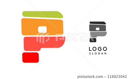 Bright colorful letter P, layers blocks like sandwich, stone balancing or rock stacking. Modern cartoon monogram for kid joyful book, blocky toys logo. Vector illustration 118823042