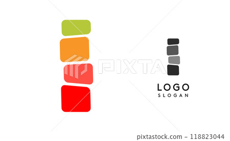 Bright colorful letter I, layers blocks like sandwich, stone balancing or rock stacking. Modern cartoon monogram for kid joyful book, blocky toys logo. Vector illustration Bright colorful letter I, layers blocks like sandwich, stone balancing or rock stacking. Modern cartoon monogram for kid joyful book, blocky toys logo. Vector illustration 118823044