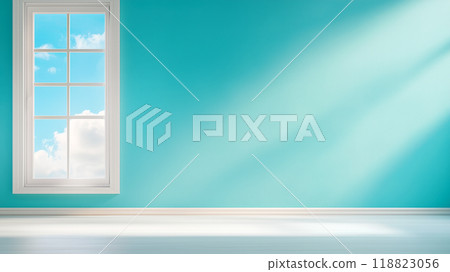 Bright and airy room with turquoise walls and sunlight 118823056
