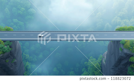 A car travels on a high bridge surrounded by misty mountains 118823072